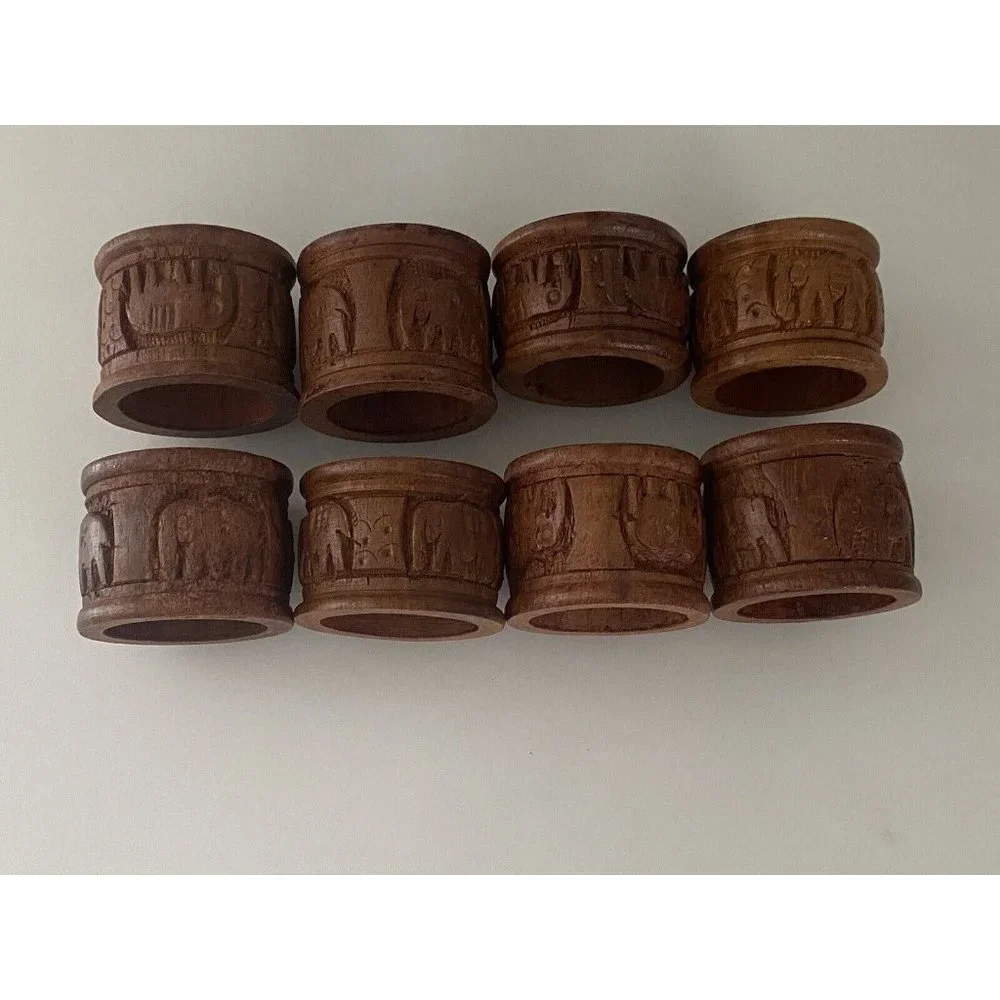 Vintage Elephant Retro Boho Hand Carved Wood Napkin Rings Holders India Set Of 8